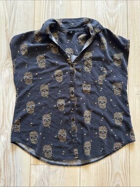 Torrid Skull Floral Button Down Blouse Black Orange Ditsy Challis Top Size 00